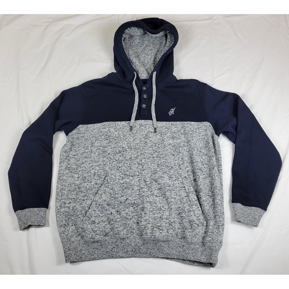 HOOEY Mens Navy Heather Gray Pullover Hoodie Henley Button Neck Size M Sweater